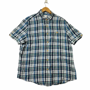 Baird McNutt Murano Shirt Mens Large Blue 100% Linen Chambray Plaid Short Sleeve